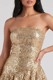 Gouden strapless bodycon met gelaagde pailletten korte cocktailjurk