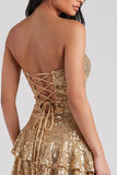 Gouden strapless bodycon met gelaagde pailletten korte cocktailjurk