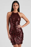 Bordeauxrode pailletten bodycon halter korte cocktailjurk met franjes