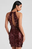 Bordeauxrode pailletten bodycon halter korte cocktailjurk met franjes