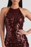 Bordeauxrode pailletten bodycon halter korte cocktailjurk met franjes
