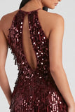 Bordeauxrode pailletten bodycon halter korte cocktailjurk met franjes