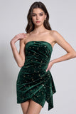 Donkergroene fluwelen fluwelen strapless gerimpelde korte cocktailjurk