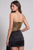 Zwart gouden korset doorschijnend strapless gerimpeld bodycon korte cocktailjurk met kralen