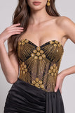 Zwart gouden korset doorschijnend strapless gerimpeld bodycon korte cocktailjurk met kralen