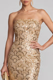 Glinsterende gouden pailletten strapless zeemeermin Maxi avondjurk