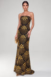 Sprankelende zwarte gouden sheath strapless pailletten Maxi avondjurk met kralen