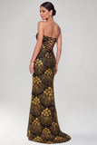 Sprankelende zwarte gouden sheath strapless pailletten Maxi avondjurk met kralen