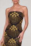 Sprankelende zwarte gouden sheath strapless pailletten Maxi avondjurk met kralen