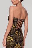 Sprankelende zwarte gouden sheath strapless pailletten Maxi avondjurk met kralen