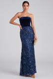 Marineblauwe strapless meermin fluweel pailletten lange avondjurk