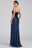 Marineblauwe strapless meermin fluweel pailletten lange avondjurk