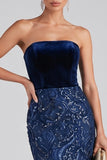 Marineblauwe strapless meermin fluweel pailletten lange avondjurk