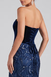 Marineblauwe strapless meermin fluweel pailletten lange avondjurk