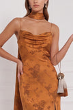 Maxi bruidsmeisjesjurk met satijnprint gebrande oranje schede met satijnprint