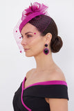 Fuchsia Sinamay Birdcage Veil 3D Stoffen Bloem Fascinatorhoed met Veer