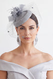 Fuchsia Sinamay Birdcage Veil 3D Stoffen Bloem Fascinatorhoed met Veer