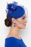 Fuchsia Sinamay Birdcage Veil 3D Stoffen Bloem Fascinatorhoed met Veer
