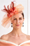 Oranje Sinamay Mesh Loops 3D stof Bloemveren Kanten Fascinatorhoed met kralen