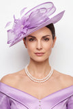 Blauwe Sinamay Mesh satijn gebonden parel fascinatorhoed met veer