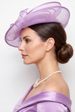 Blauwe Sinamay Mesh satijn gebonden parel fascinatorhoed met veer