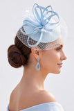 Blauwe satijnen linten Crinoline Net Fascinatorhoed met veren