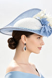 Blauwe Witte Effen Sinamay Rand 3D Stoffen Bloemen Fascinator Hoed met Veren