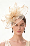 Champagne Crinoline Bloemen Net Fascinator Hoed met Veren