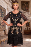 Zwarte gouden ronde hals borduurpailletten met halve mouwen midi flapper jurk uit de jaren 1920
