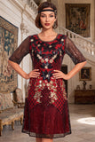 Zwarte gouden ronde hals borduurpailletten met halve mouwen midi flapper jurk uit de jaren 1920