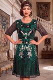 Zwarte gouden ronde hals borduurpailletten met halve mouwen midi flapper jurk uit de jaren 1920