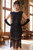 Donkergroene ronde hals capmouwen met kralenpailletten 1920 flapper jurk met franjes