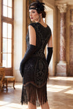 Donkergroene ronde hals capmouwen met kralenpailletten 1920 flapper jurk met franjes