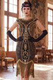 Donkergroene ronde hals capmouwen met kralenpailletten 1920 flapper jurk met franjes