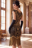 Donkergroene ronde hals capmouwen met kralenpailletten 1920 flapper jurk met franjes