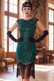 Donkergroene ronde hals capmouwen met kralenpailletten 1920 flapper jurk met franjes