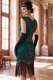 Donkergroene ronde hals capmouwen met kralenpailletten 1920 flapper jurk met franjes
