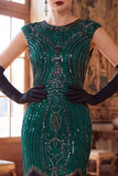 Donkergroene ronde hals capmouwen met kralenpailletten 1920 flapper jurk met franjes