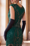 Donkergroene ronde hals capmouwen met kralenpailletten 1920 flapper jurk met franjes