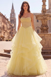 Gele baljurk korset strapless parels met lagen en lange baljurk met ruches