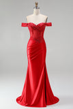 Off-the-shoulder rode zeemeerminkorset satijn gerimpelde pailletten appliques kralenbezette lange galajurk met split