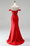 Off-the-shoulder rode zeemeerminkorset satijn gerimpelde pailletten appliques kralenbezette lange galajurk met split