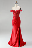 Off-the-shoulder rode zeemeerminkorset satijn gerimpelde pailletten appliques kralenbezette lange galajurk met split