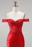 Off-the-shoulder rode zeemeerminkorset satijn gerimpelde pailletten appliques kralenbezette lange galajurk met split