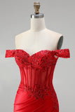 Off-the-shoulder rode zeemeerminkorset satijn gerimpelde pailletten appliques kralenbezette lange galajurk met split