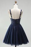 Marineblauwe A-lijn chiffon bloemenkanten bandjes korte homecomingjurk met parels