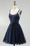 Marineblauwe A-lijn chiffon bloemenkanten bandjes korte homecomingjurk met parels