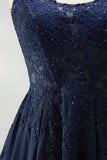 Marineblauwe A-lijn chiffon bloemenkanten bandjes korte homecomingjurk met parels