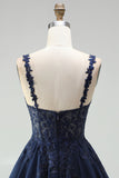 Marineblauwe A-lijn chiffon bloemenkanten bandjes korte homecomingjurk met parels