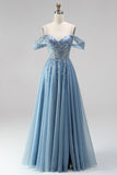 Glitter Stoffy Blue Cold Shoulder A-lijn korset Transparante pailletten Lange Galajurk met applicaties